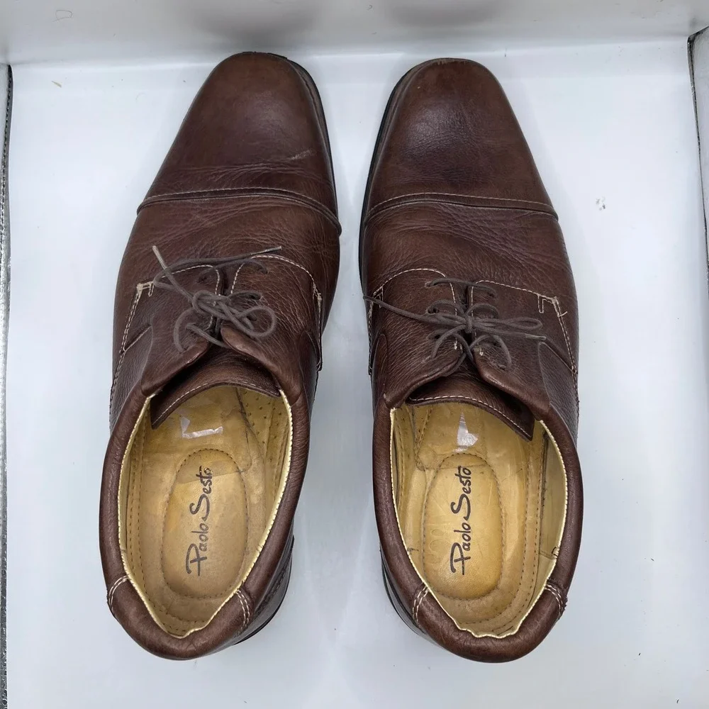 Paolo Sesto Derby Shoes Mens 11.5 Brown Leather Cap Toe Contrast Stitch‎ Brazil